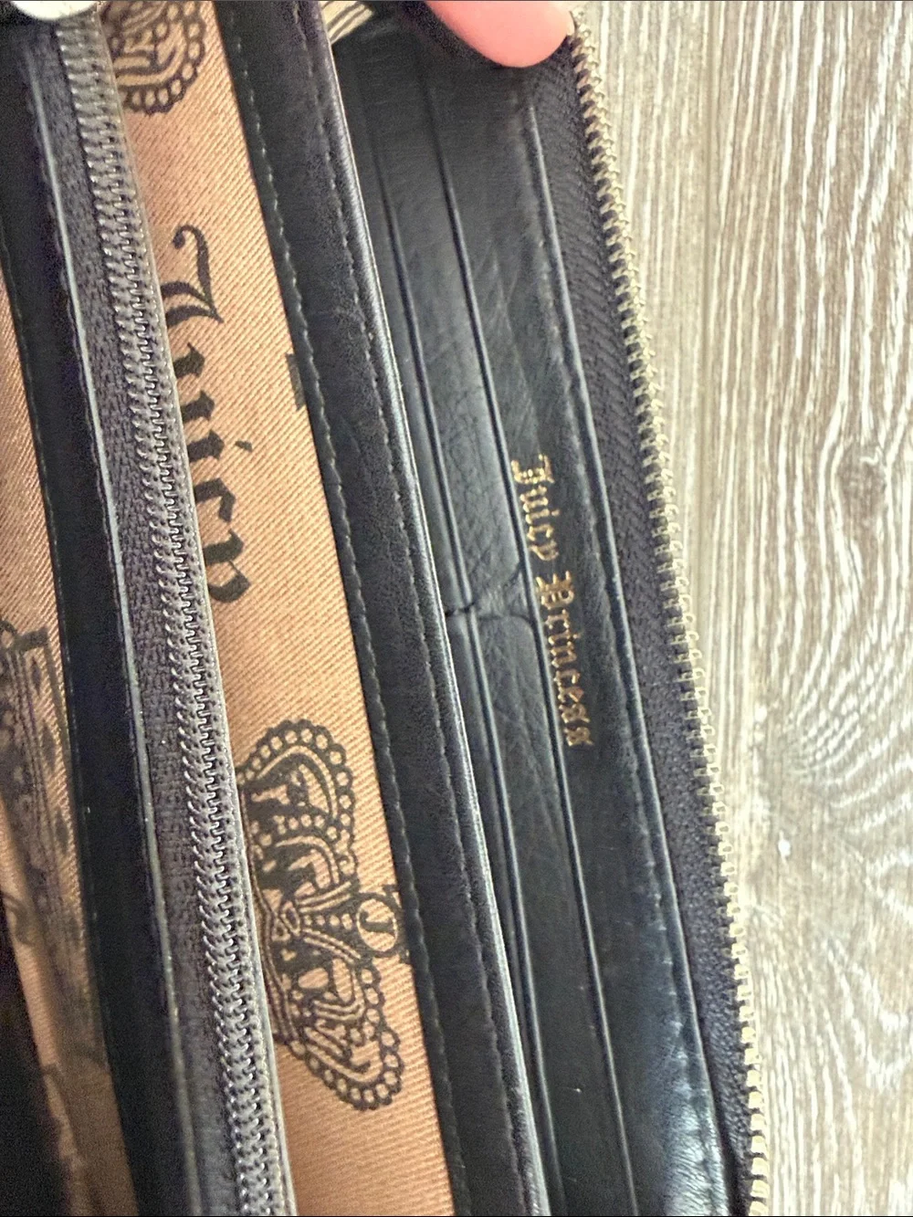 Juicy Couture Olive & Black Zip Wallet with Pink Crest Embroidery